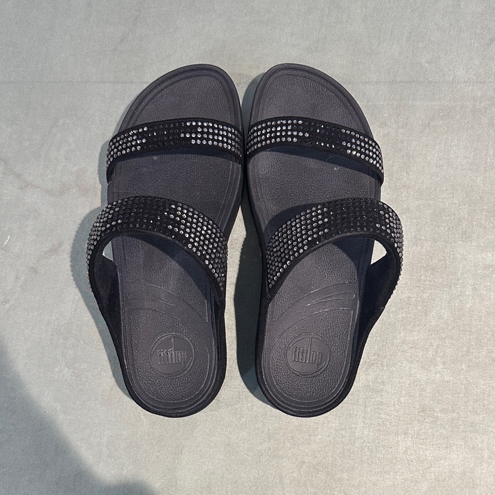 Fitflop Black Double-Strap Crystal Slide Sandals for Women Size 8